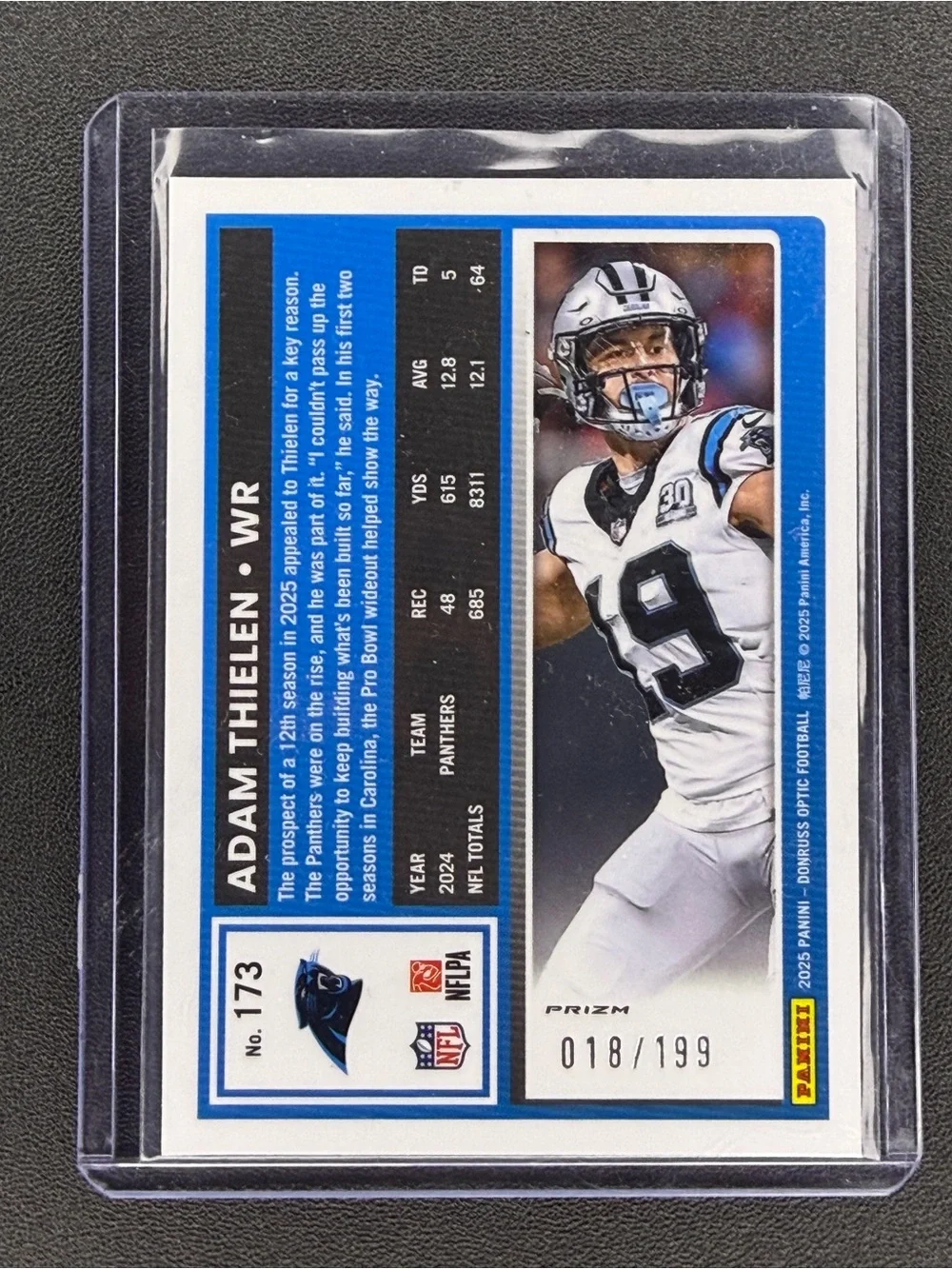 2025 Panini Donruss Optic Adam Thielen Flex Logo Boarder Prizm #/199 Panthers